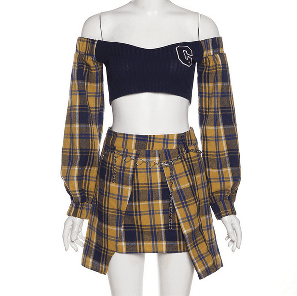 Women's Grunge Plaid Splice Crop Top with Plaid Skirt