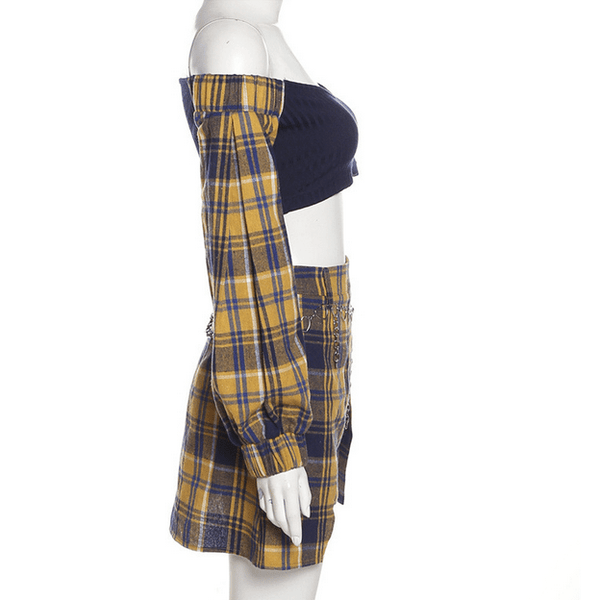 Women's Grunge Plaid Splice Crop Top with Plaid Skirt