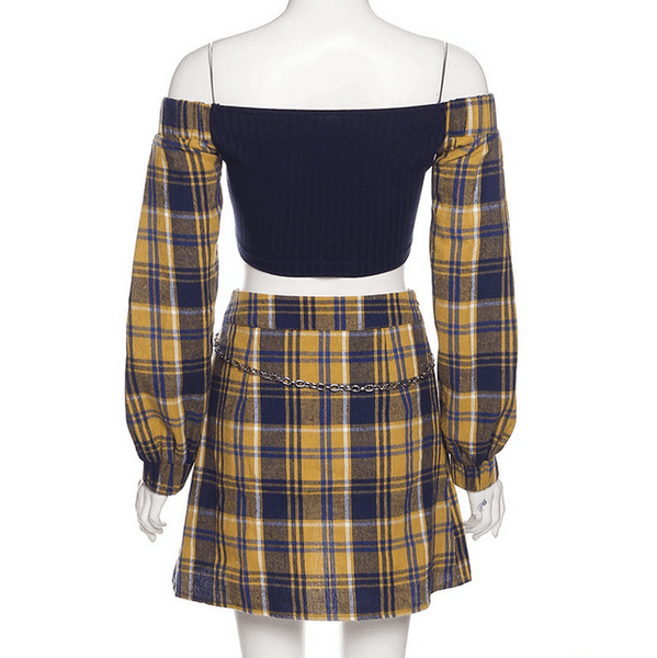 Women's Grunge Plaid Splice Crop Top with Plaid Skirt