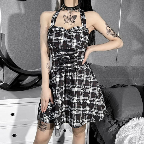 Women's Grunge V-neck Lacing-up Halterneck Plaid Dress