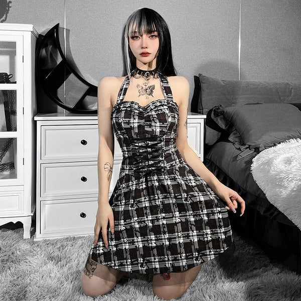 Women's Grunge V-neck Lacing-up Halterneck Plaid Dress