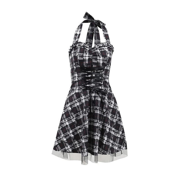 Women's Grunge V-neck Lacing-up Halterneck Plaid Dress