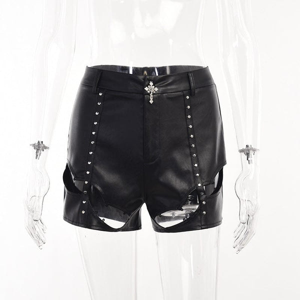 Women's Punk Cutout High-waisted Faux Leather Shorts