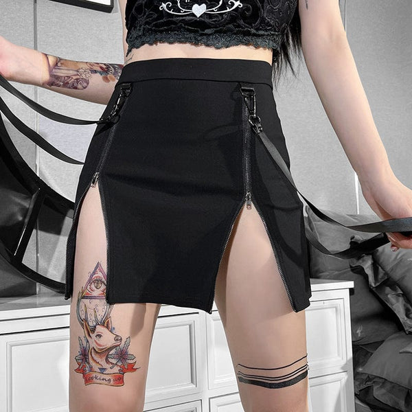 Women's Punk Double Zip Wrap Skirt with Straps