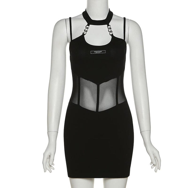 Women's Punk Mesh Splice Halterneck Slip Dress