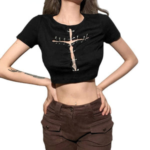 Women's Punk Pins Cross Short Sleeved Crop Top