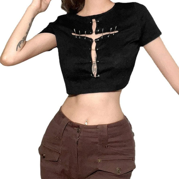 Women's Punk Pins Cross Short Sleeved Crop Top