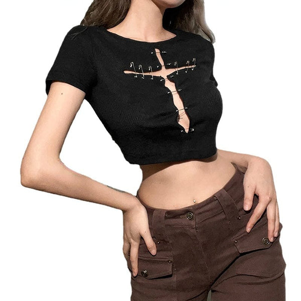 Women's Punk Pins Cross Short Sleeved Crop Top