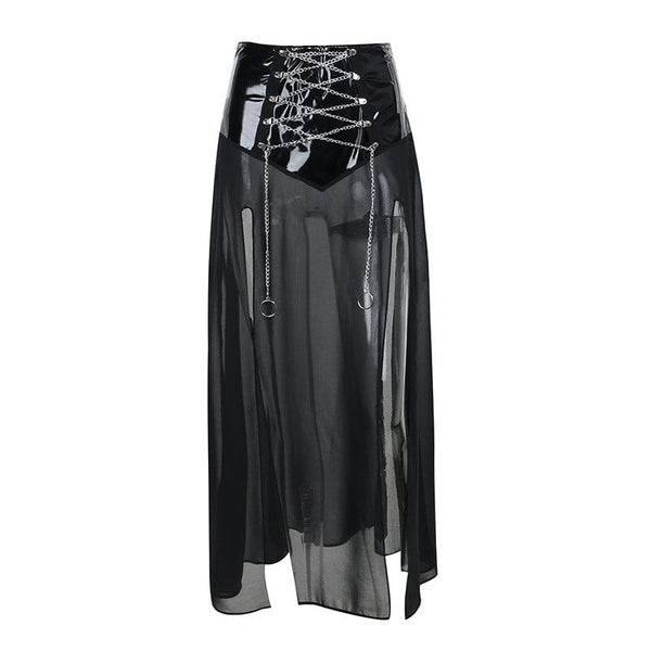 Women's Punk Side Slit Sheer Mesh Maxi Skirt