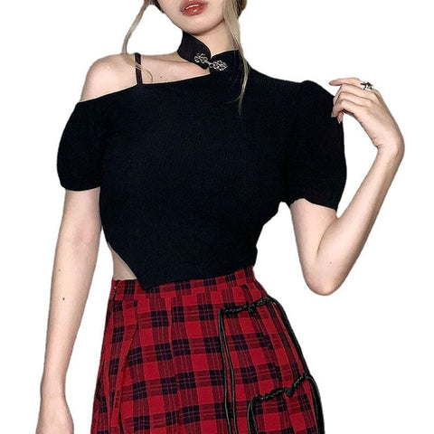 Women's Punk Slash Shoulder Short Sleeved Crop Top