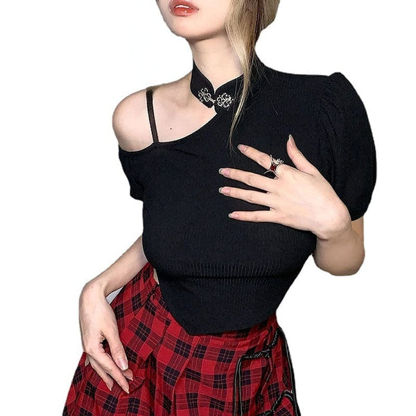 Women's Punk Slash Shoulder Short Sleeved Crop Top