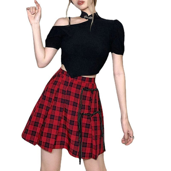 Women's Punk Slash Shoulder Short Sleeved Crop Top