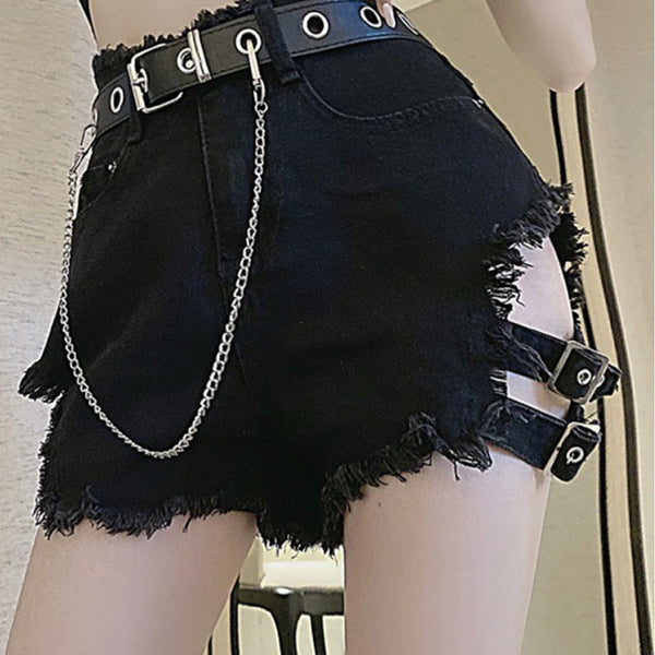 Hollow Strap Black Denim Shorts