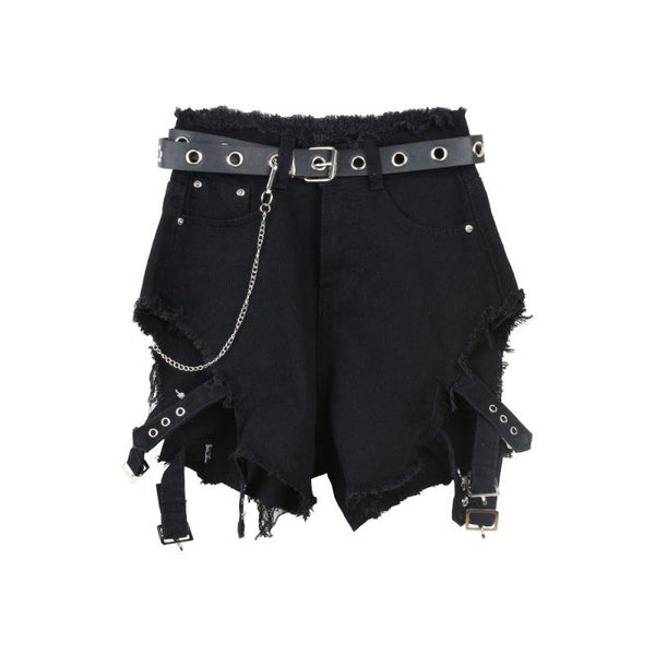 Hollow Strap Black Denim Shorts