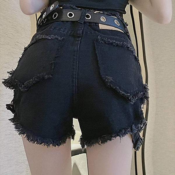 Hollow Strap Black Denim Shorts