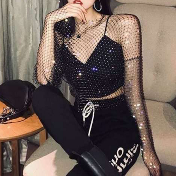 Fishnet Rhinestone Hollow Top