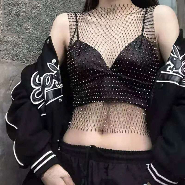 Fishnet Rhinestone Hollow Top