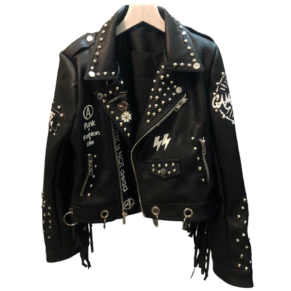 Motorcyle Jacket with Pattern on the Back / Punk Beading Rivet PU Leather Jackets