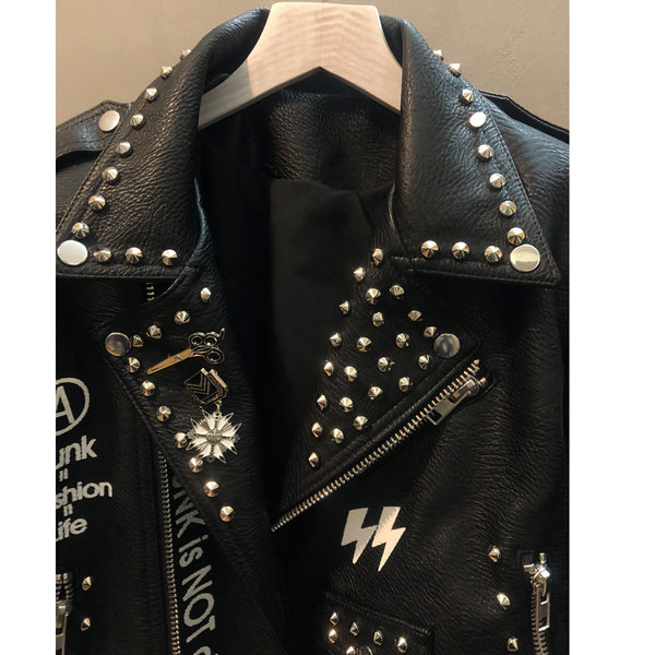 Motorcyle Jacket with Pattern on the Back / Punk Beading Rivet PU Leather Jackets