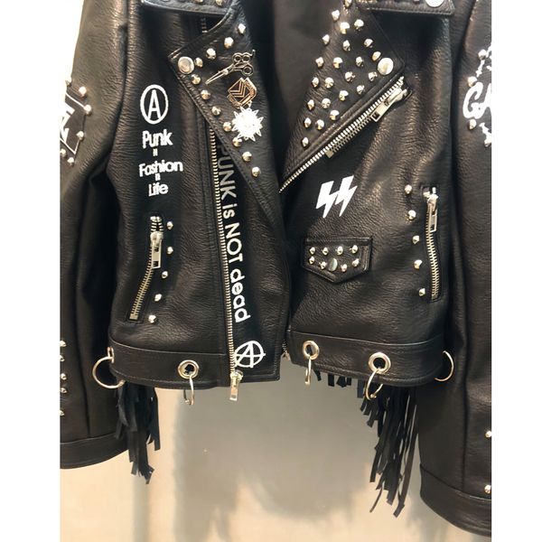 Motorcyle Jacket with Pattern on the Back / Punk Beading Rivet PU Leather Jackets