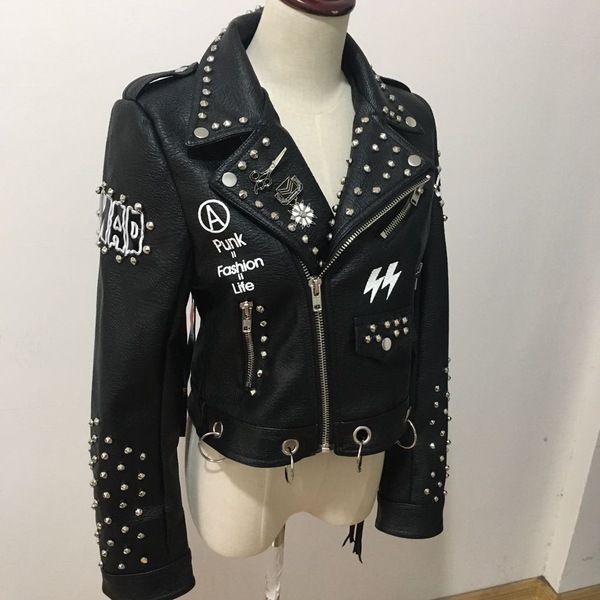 Motorcyle Jacket with Pattern on the Back / Punk Beading Rivet PU Leather Jackets