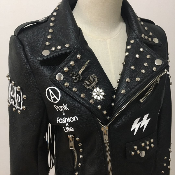 Motorcyle Jacket with Pattern on the Back / Punk Beading Rivet PU Leather Jackets