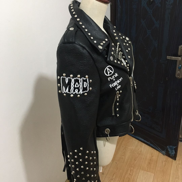 Motorcyle Jacket with Pattern on the Back / Punk Beading Rivet PU Leather Jackets