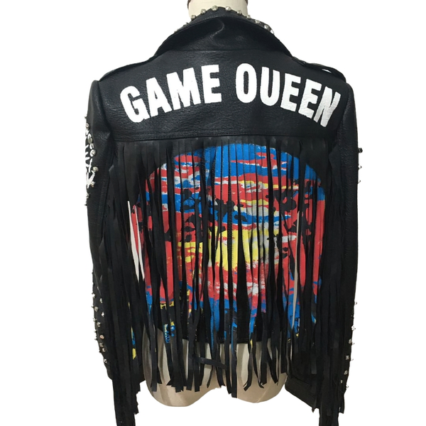 Motorcyle Jacket with Pattern on the Back / Punk Beading Rivet PU Leather Jackets