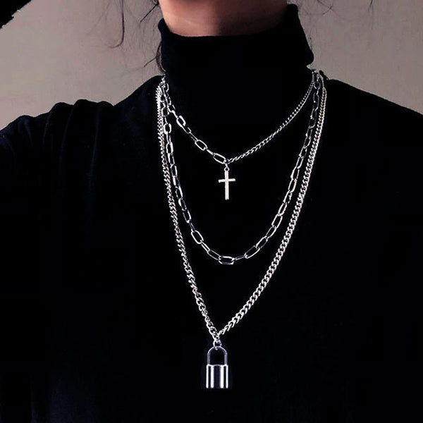 Chain Cross Lock Multilayer Necklace Women Men Jewelry