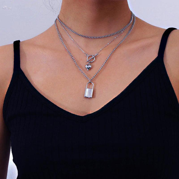 Chain Cross Lock Multilayer Necklace Women Men Jewelry