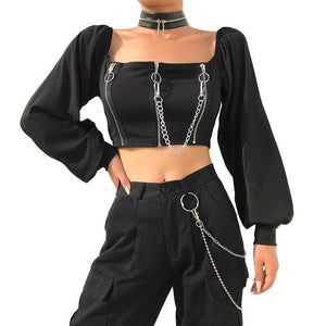 Off Shoulder Female Top in Rock Style / Long Sleeve Tops Clothing with Zipper