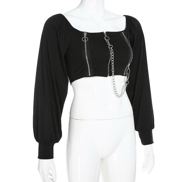 Off Shoulder Female Top in Rock Style / Long Sleeve Tops Clothing with Zipper