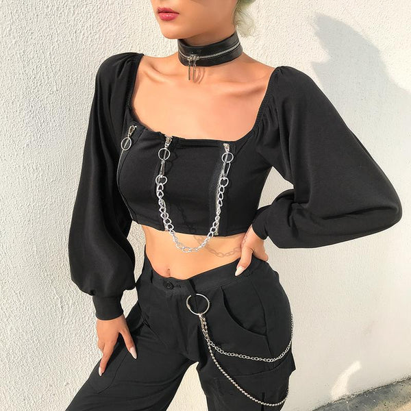 Off Shoulder Female Top in Rock Style / Long Sleeve Tops Clothing with Zipper