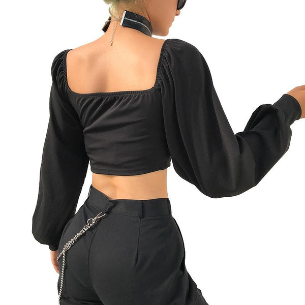 Off Shoulder Female Top in Rock Style / Long Sleeve Tops Clothing with Zipper