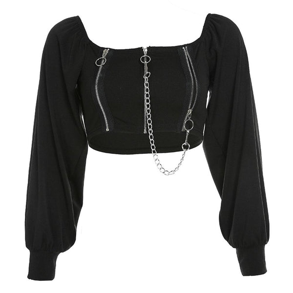 Off Shoulder Female Top in Rock Style / Long Sleeve Tops Clothing with Zipper