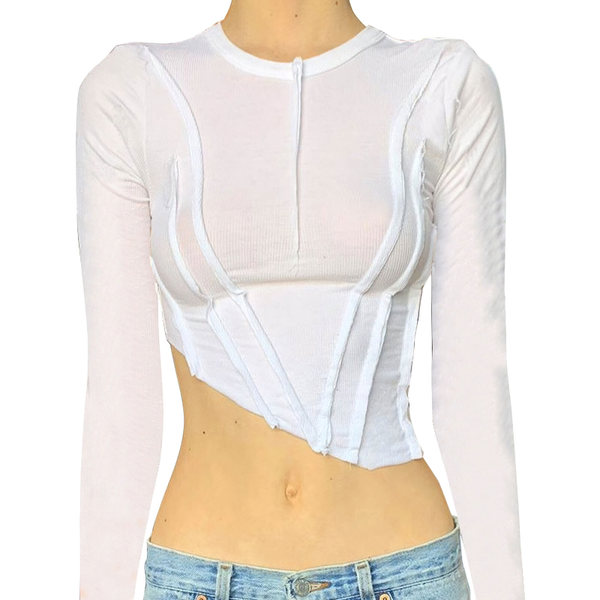 Pleated Gothic Style Top with Long Sleeve / Fashion Women's O-Neck Crop Top