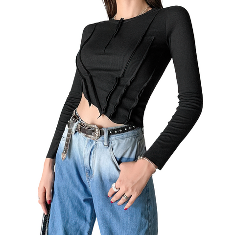 Pleated Gothic Style Top with Long Sleeve / Fashion Women's O-Neck Crop Top