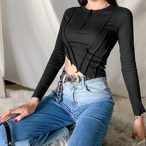 Pleated Gothic Style Top with Long Sleeve / Fashion Women's O-Neck Crop Top