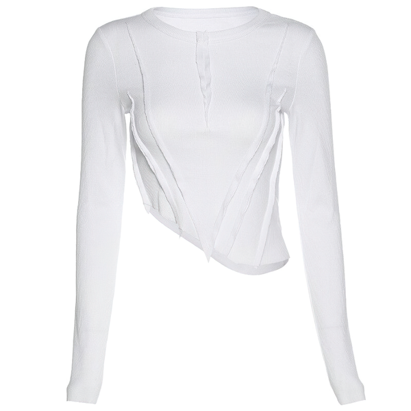 Pleated Gothic Style Top with Long Sleeve / Fashion Women's O-Neck Crop Top