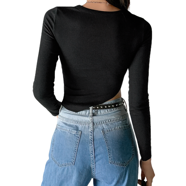 Pleated Gothic Style Top with Long Sleeve / Fashion Women's O-Neck Crop Top