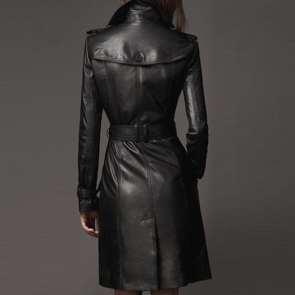 Plus Size Long Sleeve Female Windbreaker Overcoat / Double-breasted Pu Leather Long Coat for Ladies