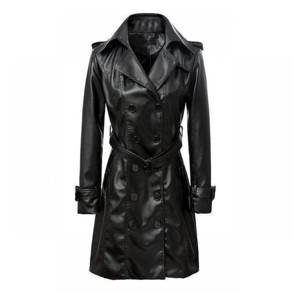 Plus Size Long Sleeve Female Windbreaker Overcoat / Double-breasted Pu Leather Long Coat for Ladies