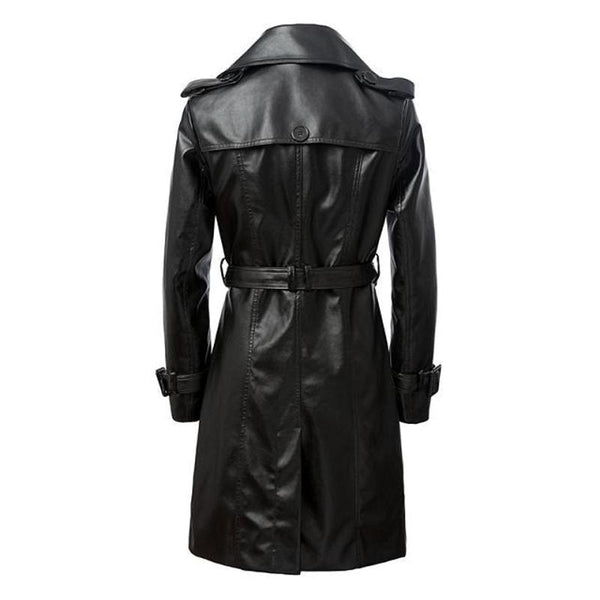 Plus Size Long Sleeve Female Windbreaker Overcoat / Double-breasted Pu Leather Long Coat for Ladies