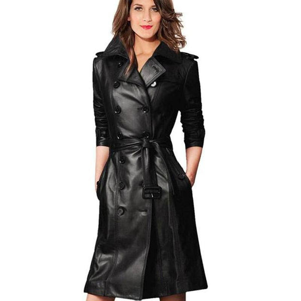 Plus Size Long Sleeve Female Windbreaker Overcoat / Double-breasted Pu Leather Long Coat for Ladies