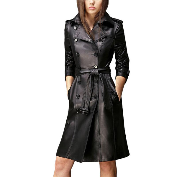 Plus Size Long Sleeve Female Windbreaker Overcoat / Double-breasted Pu Leather Long Coat for Ladies