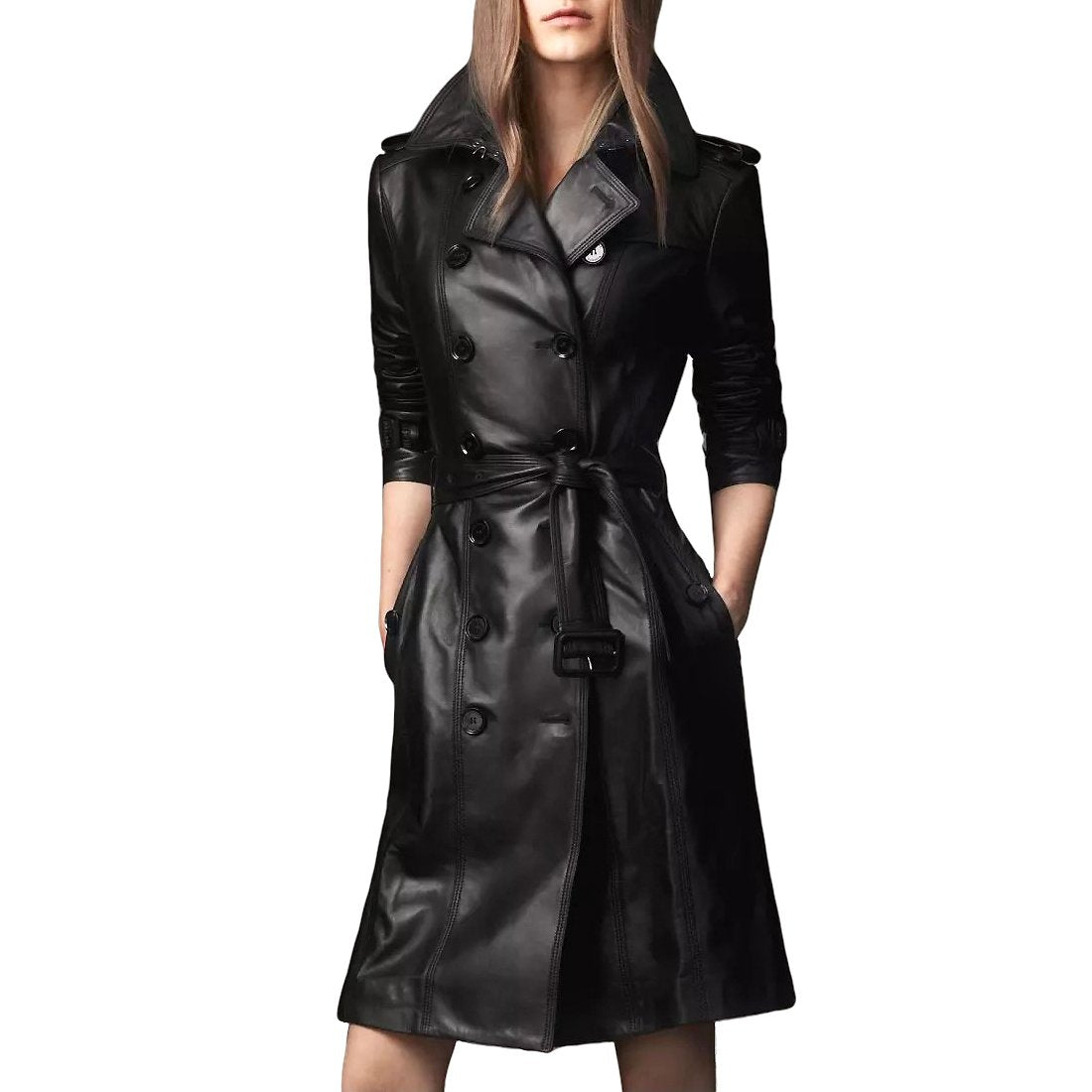 Plus Size Long Sleeve Female Windbreaker Overcoat / Double-breasted Pu Leather Long Coat for Ladies