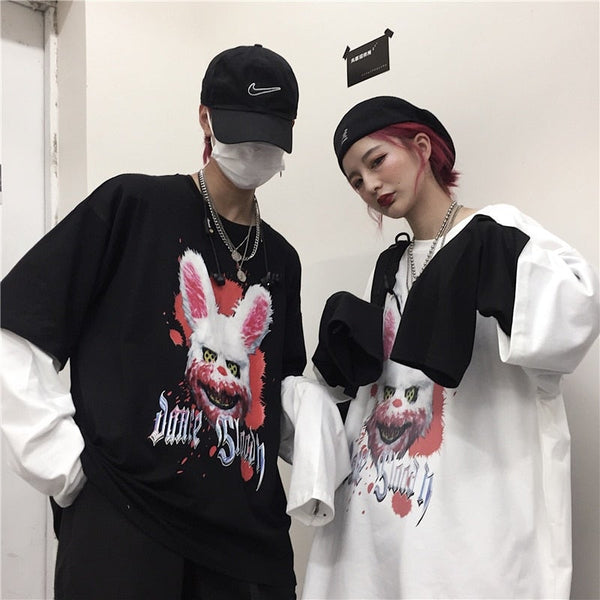 Fake 2 Pieces Horror print Harajuku T-shirt