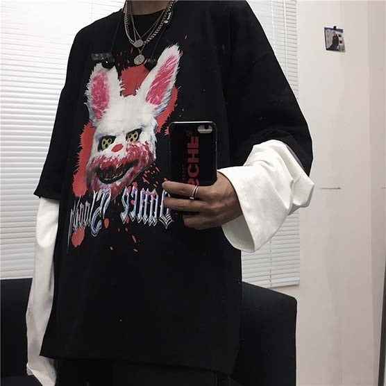 Fake 2 Pieces Horror print Harajuku T-shirt