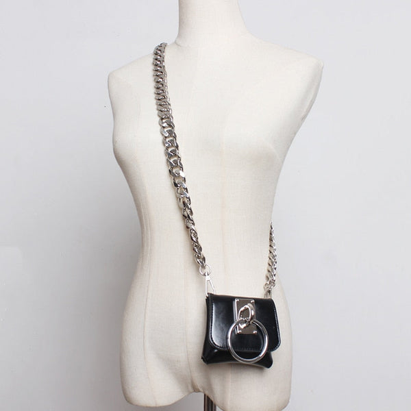 Gothic Chain Strap O-Ring Faux Leather Mini Belt Bag