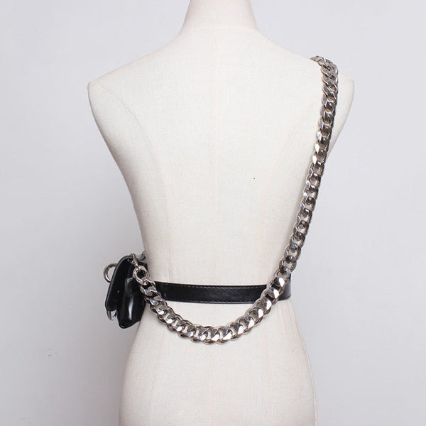 Gothic Chain Strap O-Ring Faux Leather Mini Belt Bag